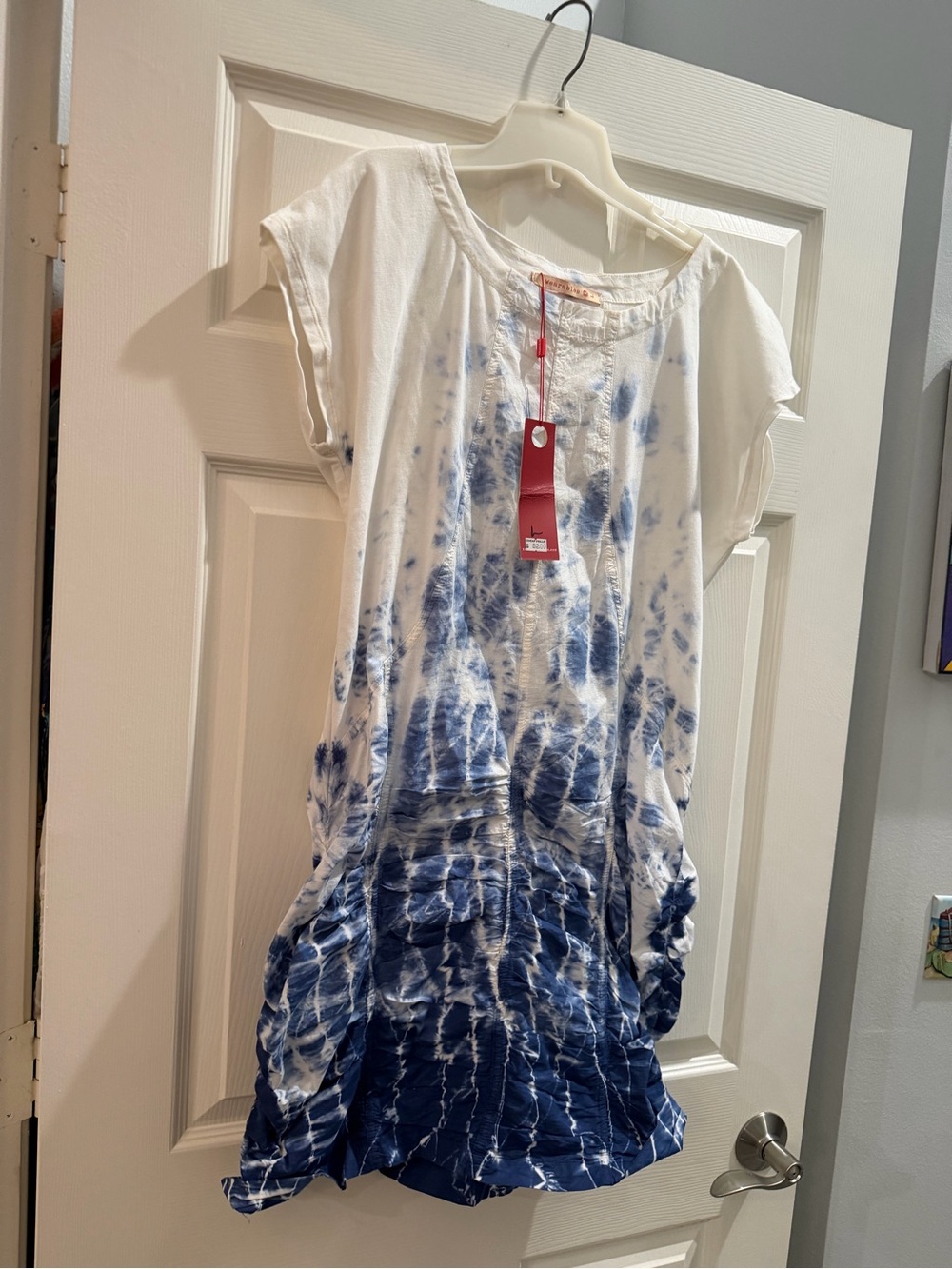 Wearables Women’s White and Navy Tie-Dye Short Sleeve dress  large NWT